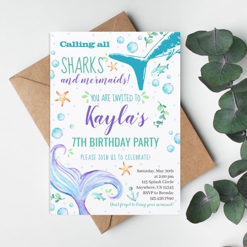 Sharks and Mermaids Birthday Party Invitation