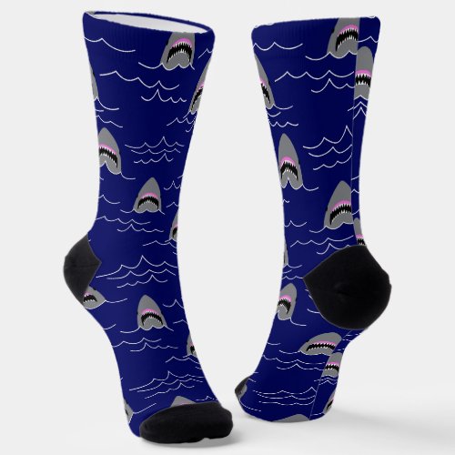 Sharks and Ocean Waves Navy Blue Fish Pattern Socks