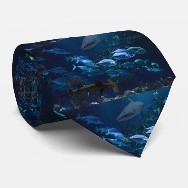 Sharks and School of Fish in Blue Ocean Necktie (Rolled)