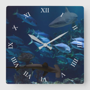 Sharks and School of Fish in Blue Ocean Wall Clock