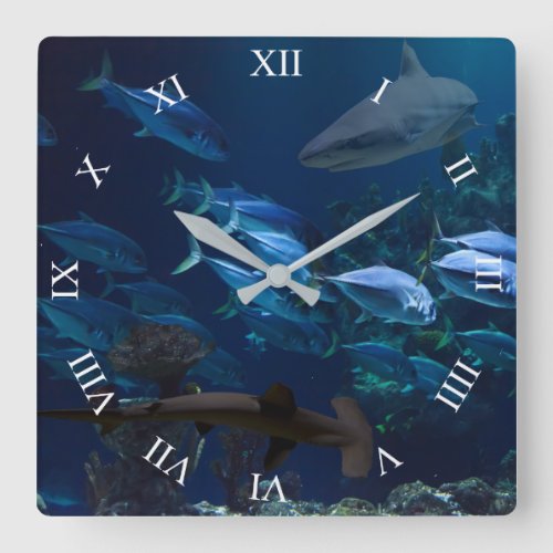 Sharks and School of Fish in Blue Ocean Wall Clock