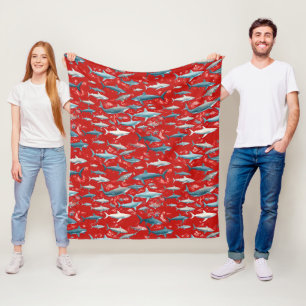 Sharks and Sea Life on Red Fleece Blanket