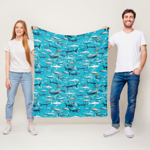 Sharks and Sea Life on Sea Blue Fleece Blanket