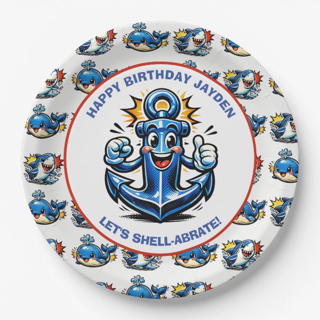 Sharks and Whales Boy's Birthday Party Paper Plates (Front)