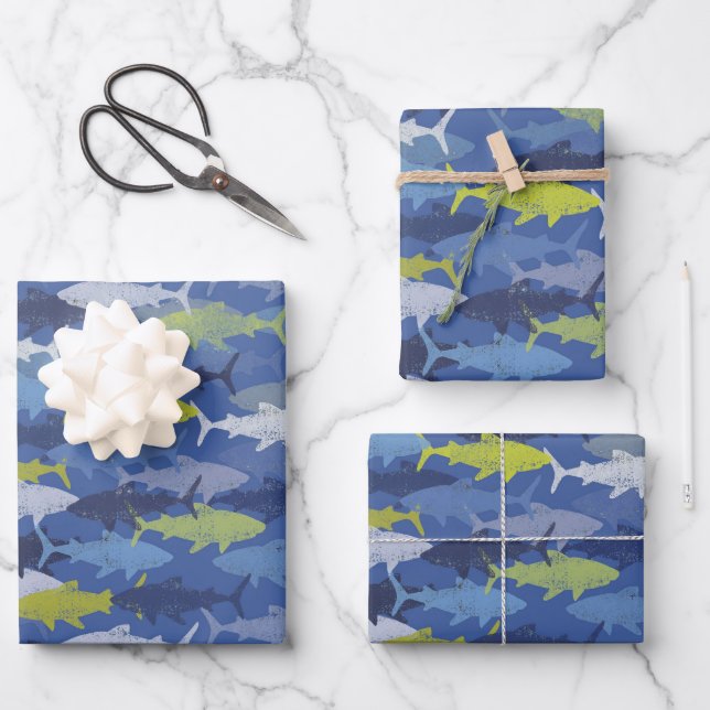 Sharks Beach Ocean Repeat Pattern Wrapping Paper Sheets (Front)