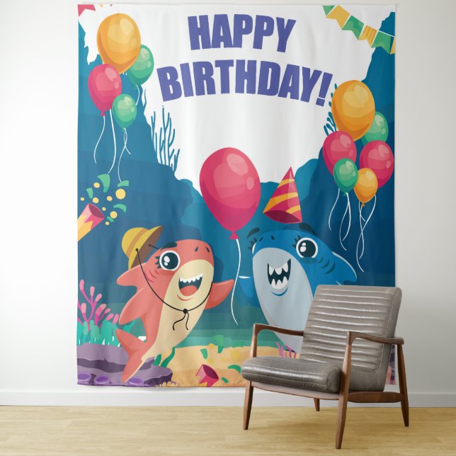 Sharks Birthday Party Backdrop Photo Banner (In Situ)