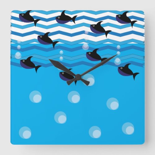 Sharks Blue Ocean Fish Kids Square Wall Clock