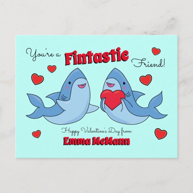 Sharks Cute Kids Valentine's Day Friendship Postcard (Front)
