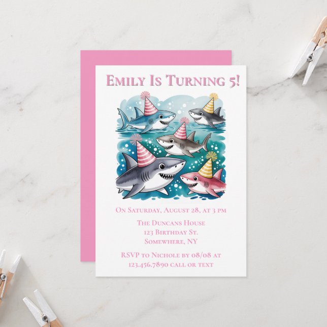 Sharks Cute Under The Sea Girl Birthday Party Invitation (Front/Back In Situ)