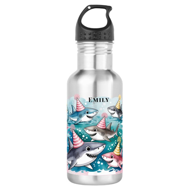Sharks Cute Under The Sea Girl Birthday Party Stainless Steel Water Bottle (Front)