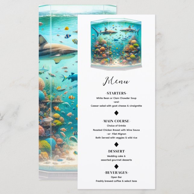 Sharks & Fish Aquatic Watercolor Aquarium Menu (Front/Back)