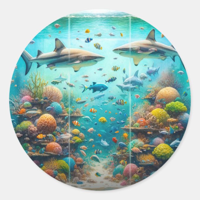 Sharks & Fish Aquatic Watercolor Aquarium Wedding Classic Round Sticker (Front)