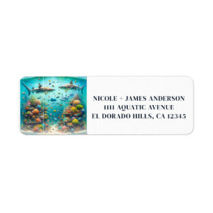 Sharks & Fish Aquatic Watercolor Aquarium Wedding Label