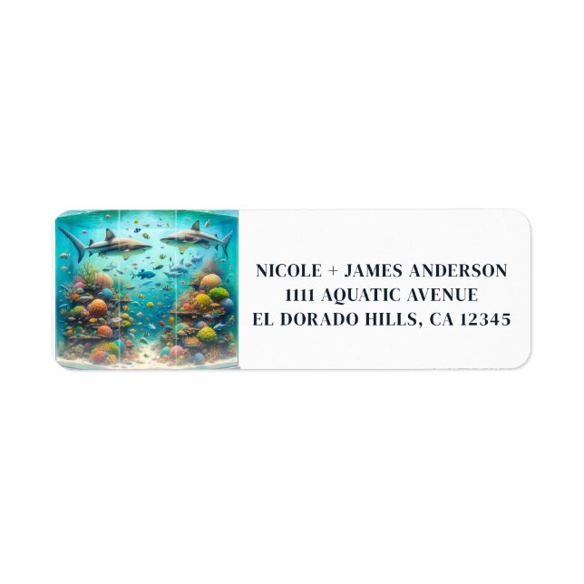 Sharks & Fish Aquatic Watercolor Aquarium Wedding Label (Front)