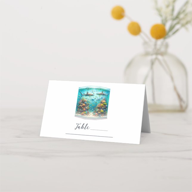 Sharks & Fish Aquatic Watercolor Aquarium Wedding  Place Card (Front)