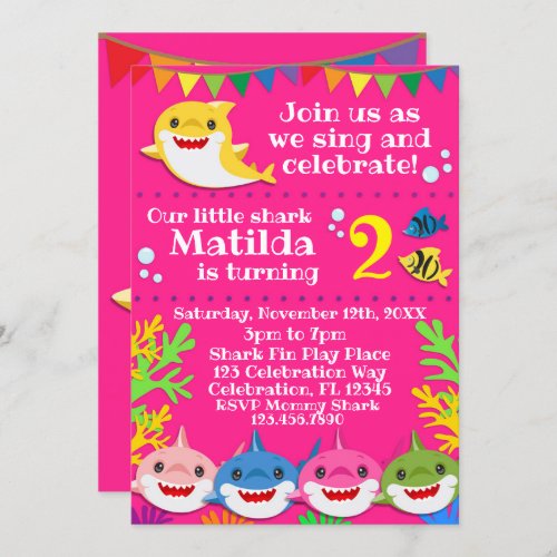 Sharks Pink Birthday Invitation