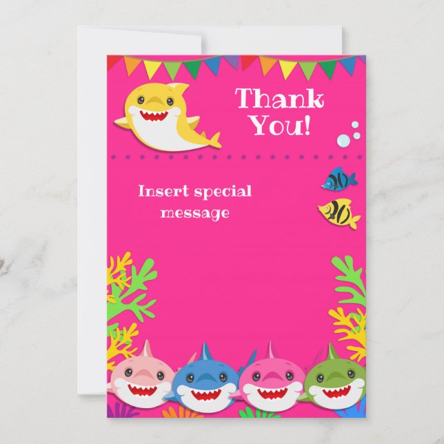 Sharks Pink Birthday Thank You Card (Front)