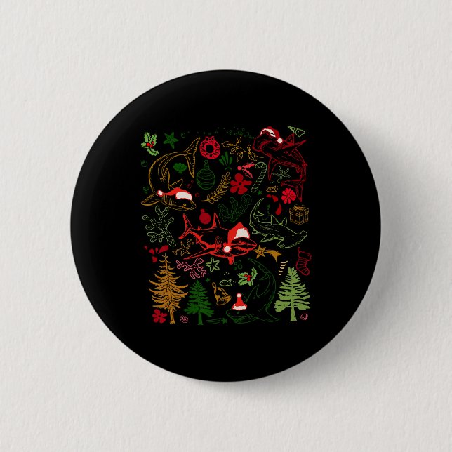 Sharks Santa Hat Christmas Shark Lover Marine Biol Button (Front)