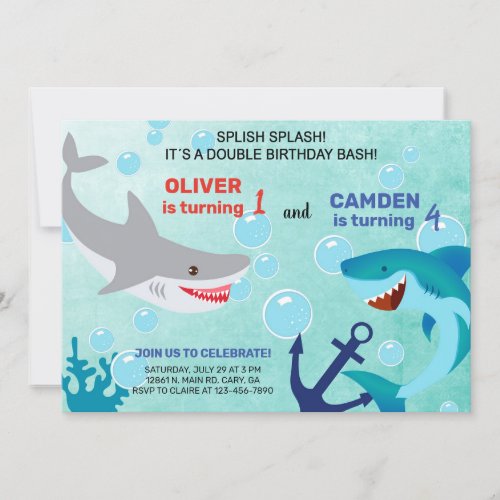 Sharks siblings boy birthday invitation invitation