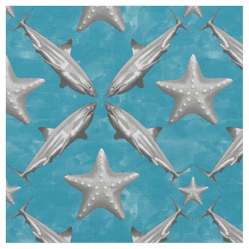 Sharks Starfish Ocean Life Nautical Coastal Blue Fabric