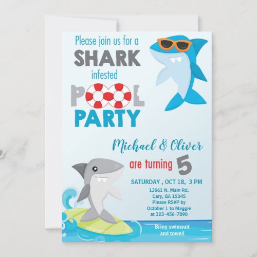 Sharks twin boys pool party birthday invite invitation