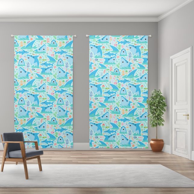 Sharks Under The Sea Cute Kids Nursery Pattern Blackout Curtains (Wide)