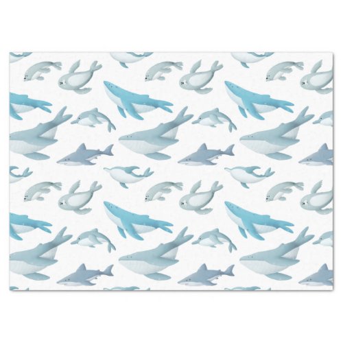 Sharks Whales Dolphins Seals on White Decoupage Tissue Paper