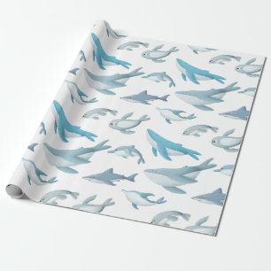 Sharks, Whales, Dolphins, Seals on White Wrapping Paper