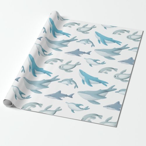 Sharks Whales Dolphins Seals on White Wrapping Paper