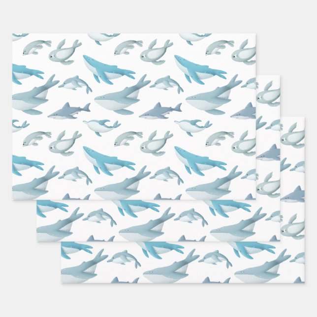 Sharks, Whales, Dolphins, Seals on White Wrapping Paper Sheets (Set)