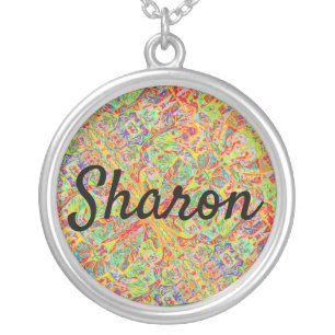 Sharon in cursive abstract sari background silver plated necklace