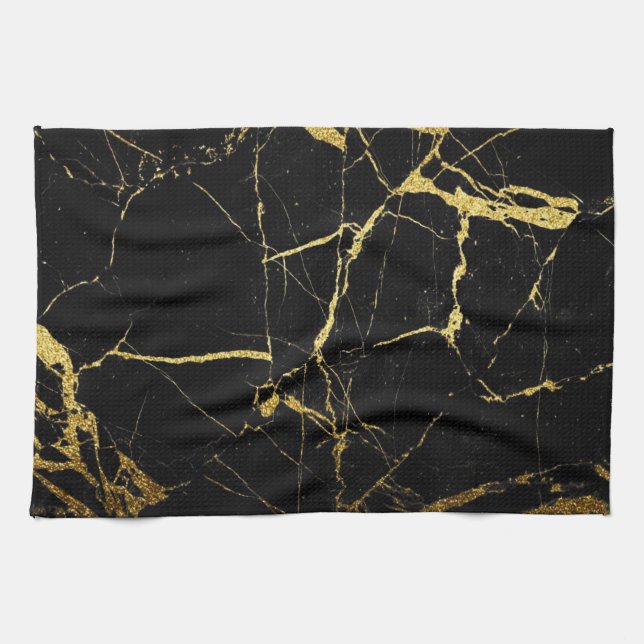 Sharp Black and Gold Marble Kitchen Towel (Horizontal)
