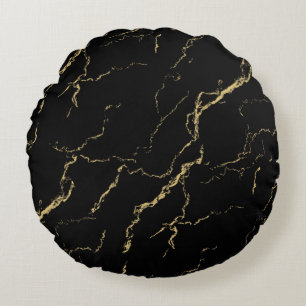 Sharp Black and Gold Marble Round Pillow