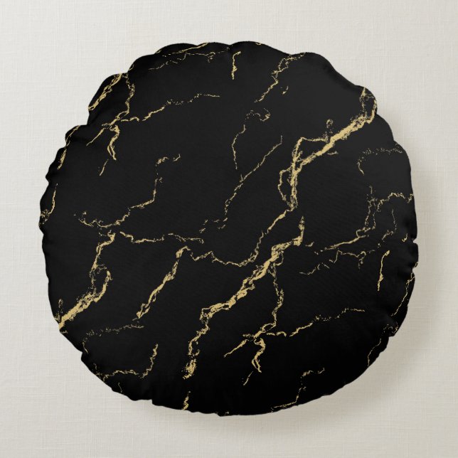 Sharp Black and Gold Marble Round Pillow (Front)