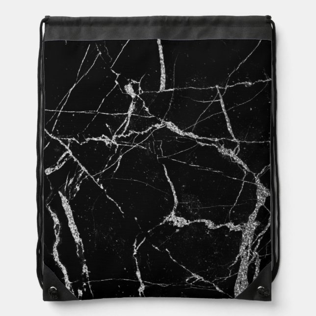 Sharp Black and Silver Marble Drawstring Bag (Front)