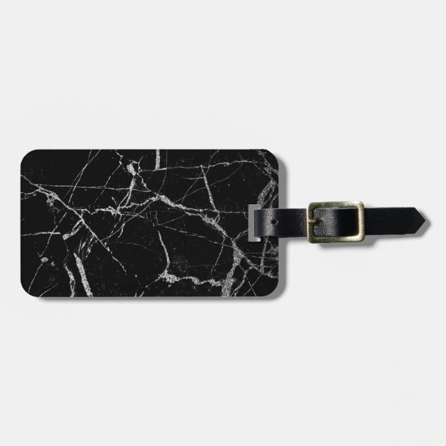 Sharp Black and Silver Marble Luggage Tag (Front Horizontal)