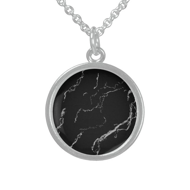 Sharp Black and Silver Marble Sterling Silver Necklace (Front)