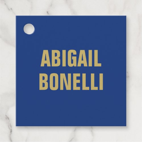 Sharp bold custom minimalist name gold blue color favor tags