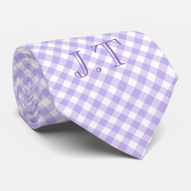 Sharp Looking Lavender Gingham Pattern Monogram Neck Tie (Rolled)