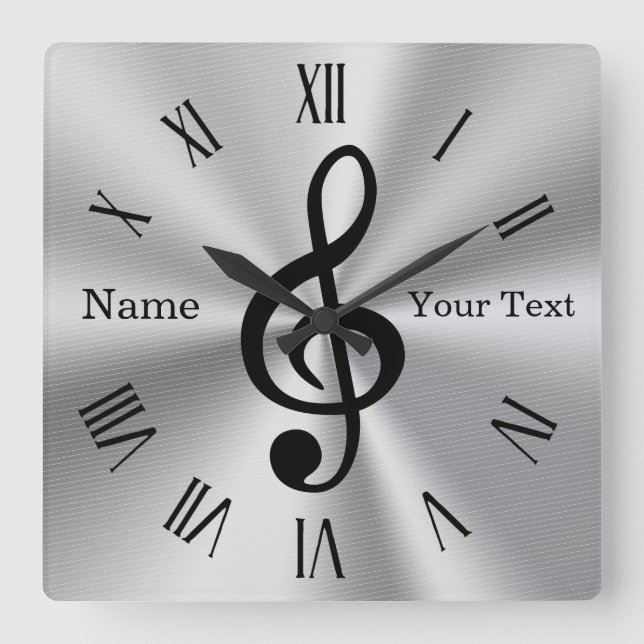 Sharp Personalized Treble Clef Clock, Silver Black Square Wall Clock (Front)