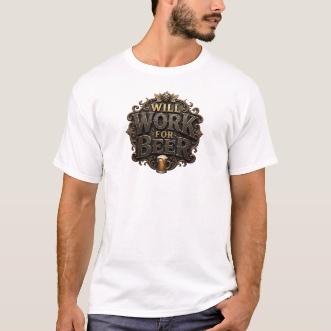 Sharp Red WILL WORK FOR BEER Statement Tee (Front)