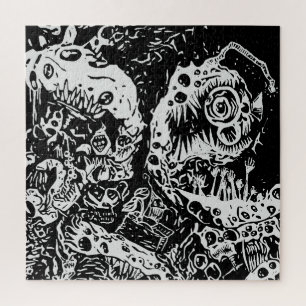 Sharp Teeth Nightmare, Black and White Jigsaw Puzzle