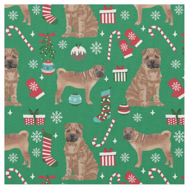 sharpei dog christmas holiday fabric (Close Up)