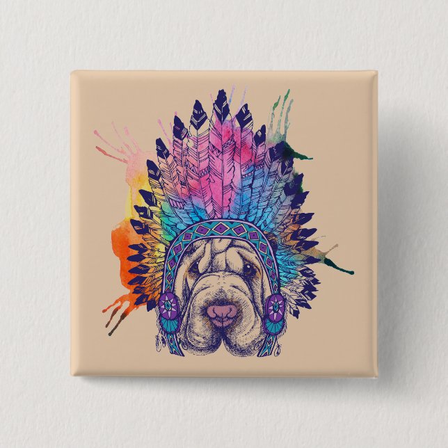 Sharpei Native American Indian Chief Button (Front)