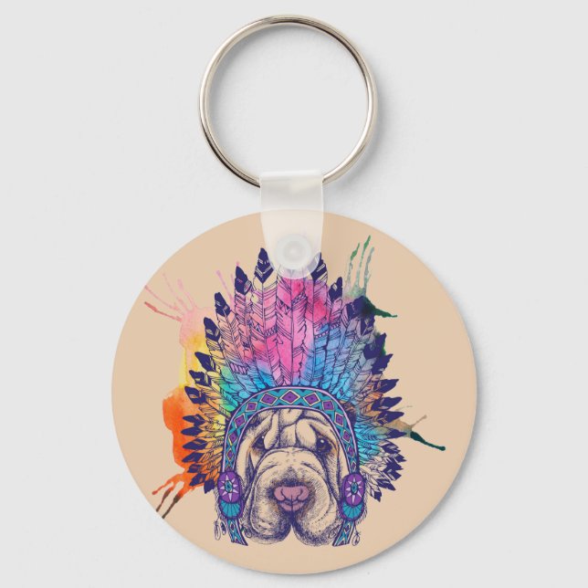 Sharpei Native American Indian Chief Keychain (Front)