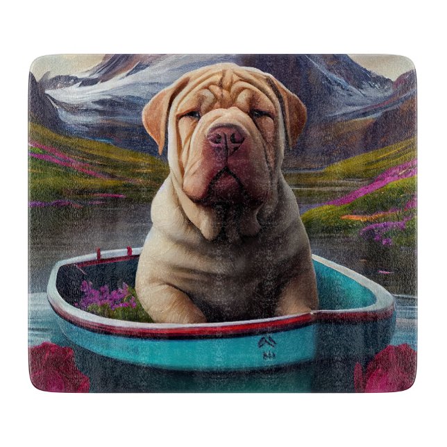 Sharpei on a Paddle: A Scenic Adventure Cutting Board (Front)