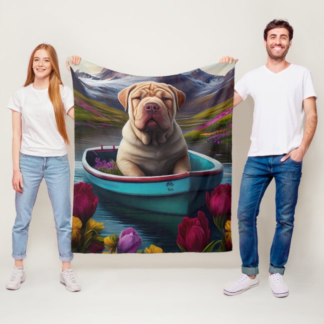 Sharpei on a Paddle: A Scenic Adventure Fleece Blanket (In Situ)