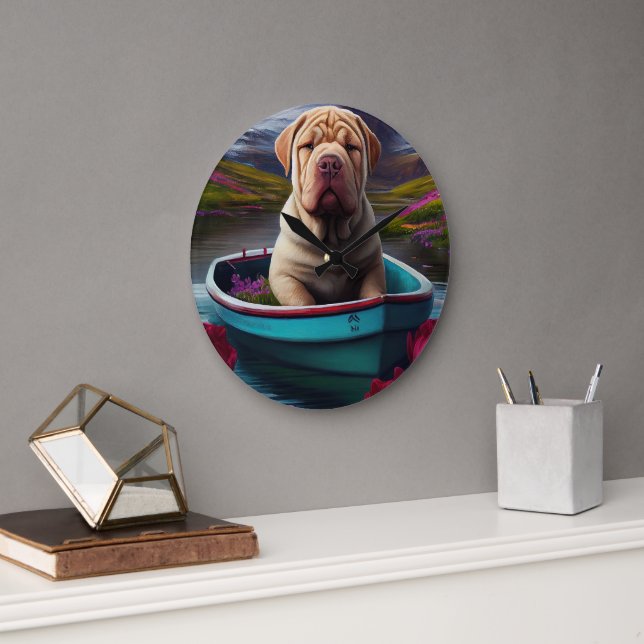 Sharpei on a Paddle: A Scenic Adventure Large Clock (Office)