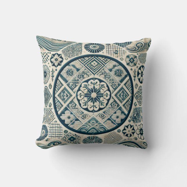 Shashiko-Inspired Design 3 Throw Pillow (Front)
