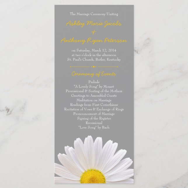 Shasta Daisy Flower Yellow Grey Wedding Program (Front)